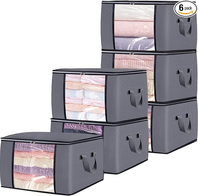 90L Large Blanket Storage Bags, 6 Pack Clothes Storage Bag Comforter Storage Bin by BiCINE