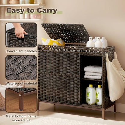 Laundry Hamper with Lid, 110L Rattan Laundry Hamper 2 Section with 50L Storage - Image 7