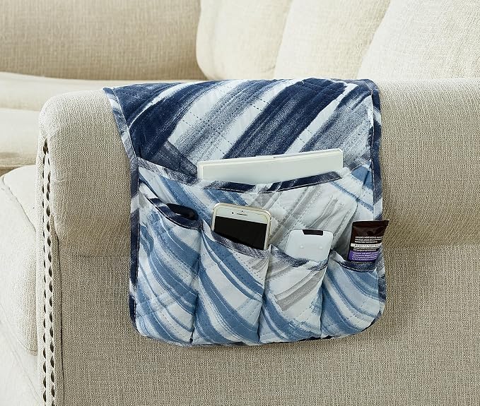 Brilliant Sunshine Blue Grey Stripes Patchwork Couch Armrest 5 Pockets Organizer by BrilliantSunshine