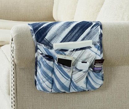 Brilliant Sunshine Blue Grey Stripes Patchwork Couch Armrest 5 Pockets Organizer by BrilliantSunshine