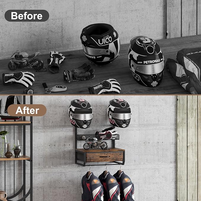 EasyPAG Motorcycle Helmet Holder Wall Mount, 2 Helmet Holder | Drawer and Mesh - Image 7