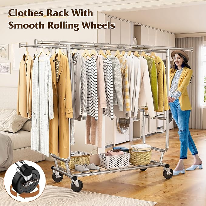 Raybee Clothes Rack Load 630LBS, Heavy Duty Clothes Rack, Rolling Clothing Racks - Image 7
