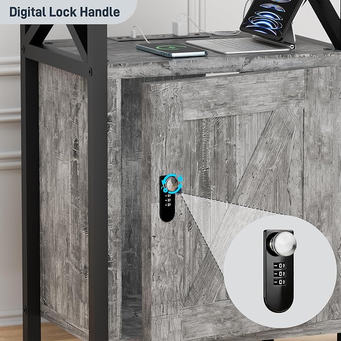 runjuly Wooden Nightstand with Lock Cabinet and Charging Station, Ash Grey | - Image 8