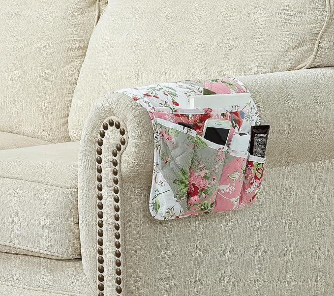 Brilliant Sunshine Peach Flowers Patchwork Couch Armrest 5 Pockets Organizer - Image 2