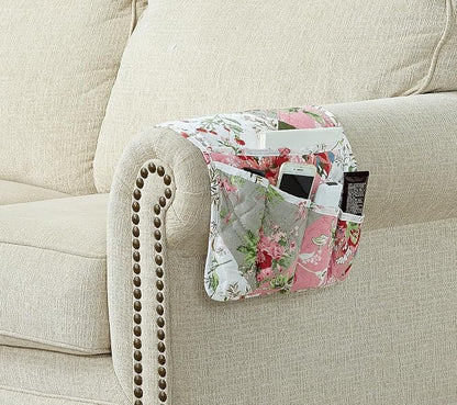 Brilliant Sunshine Peach Flowers Patchwork Couch Armrest 5 Pockets Organizer - Image 2