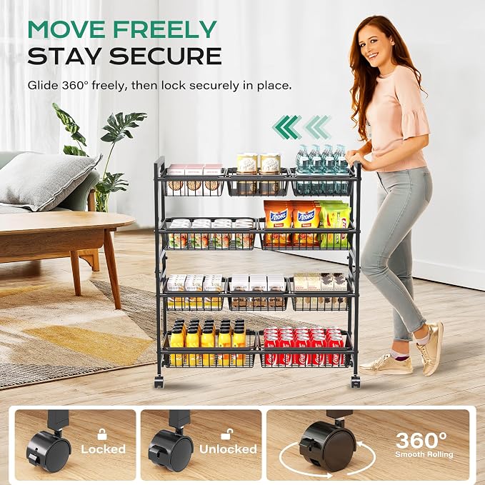 Cinati 4-Tier Snack Cart with Wheels, Rolling Pantry Storage Cart with 10 Wire - Image 7