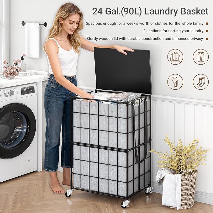 90L Laundry Basket with Wheels, Large Capacity Laundry Hamper with Removable - Image 6
