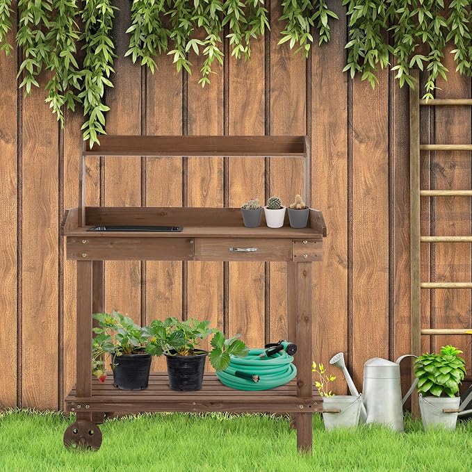 Potting Bench Table, 36 in Wooden Garden Work Table - Image 3