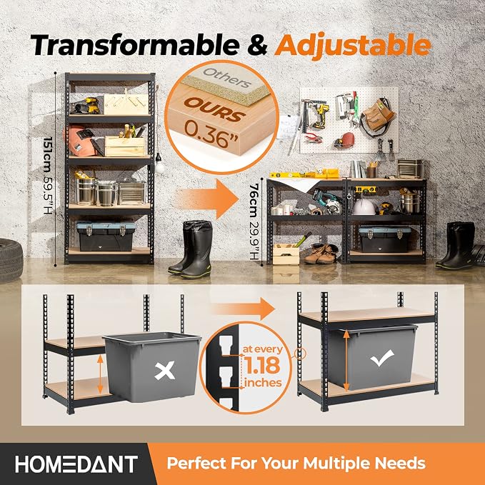 HOMEDANT 5 Tier Storage Shelves Adjustable Laminated Boltless Garage Metal - Image 4