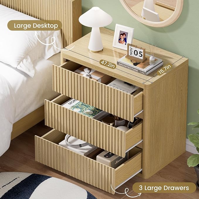 Fluted Nightstand Set of 2, Natural Oak Night Stand - Image 4