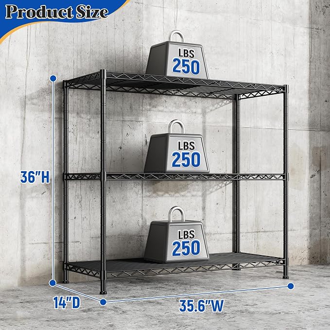 DurayLoly 35.6"W 3-Tier Metal Shelving, Adjustable Storage Shelves, Kitchen | - Image 3