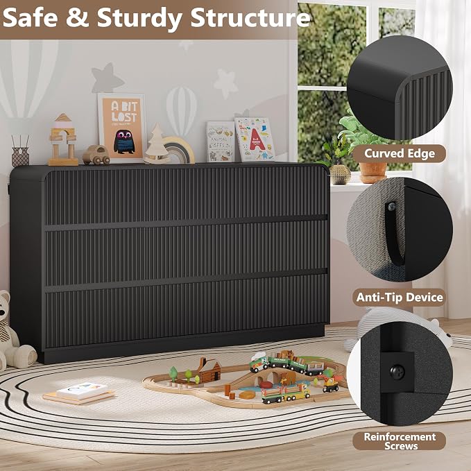 Dresser for Bedroom with 9 Drawers, Fluted Chest of Drawers with Round Curved - Image 4