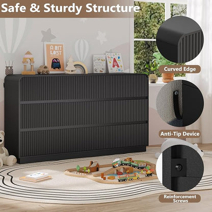 Dresser for Bedroom with 9 Drawers, Fluted Chest of Drawers with Round Curved - Image 4