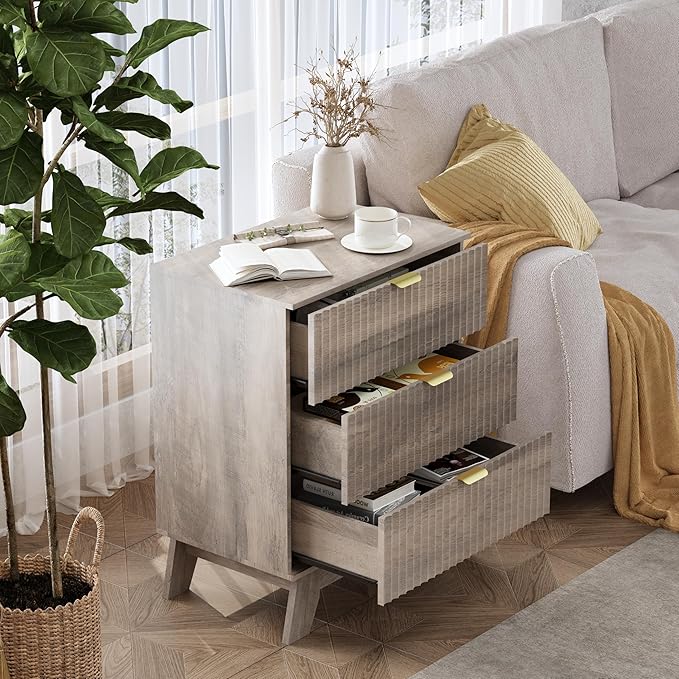 Grey Night Stand with 3 Drawers, Bedside Table & End Table, Farmhouse Night - Image 3