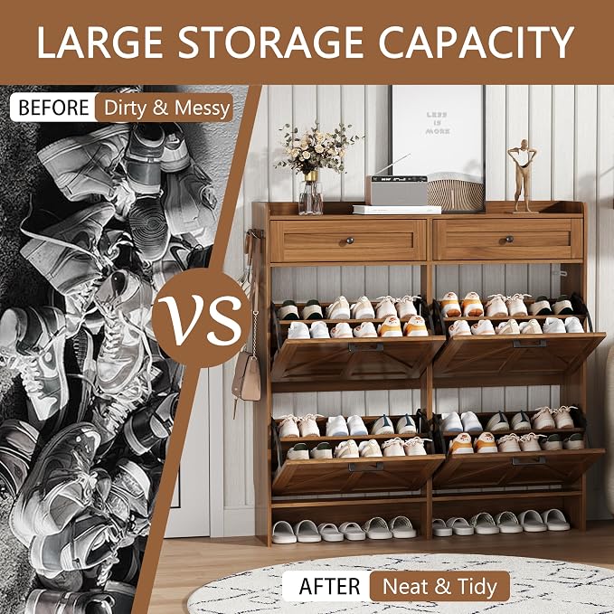 Shoe Cabinet with 4 Flip Drawers & 2 Top Drawers, Hidden Slim Shoe Rack - Image 7