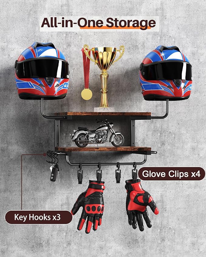 Motorcycle Helmet Holder Wall Mount, 2-Tier Helmet Rack - Image 4