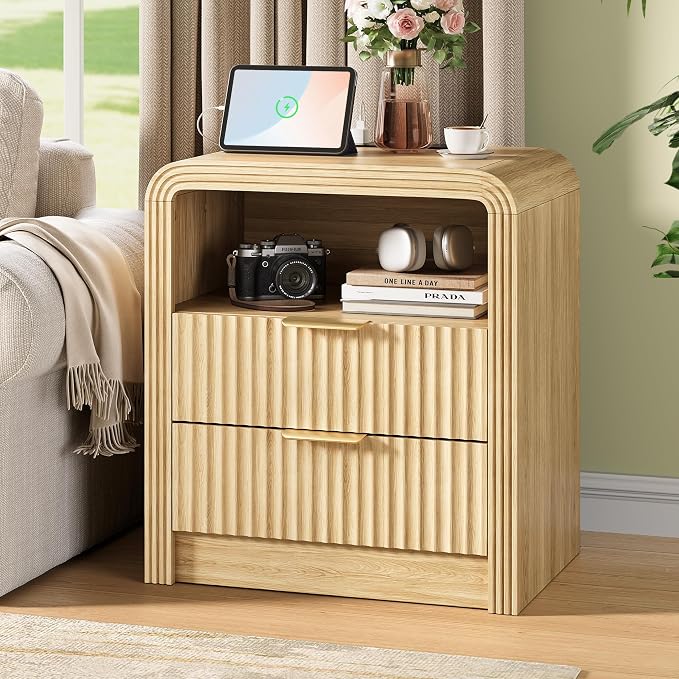 Fluted Nightstand with Charging Station, 19.7'' Wide Morden End Table with - Image 8