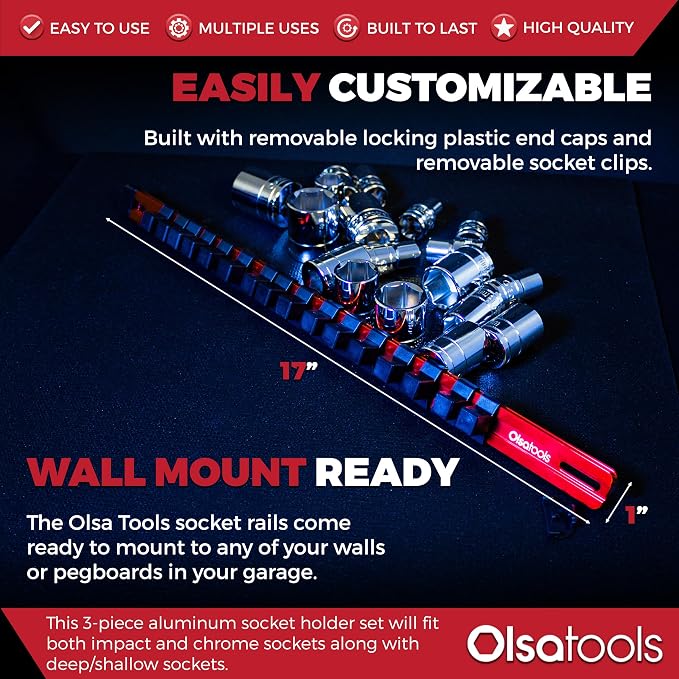 Olsa Tools 3-Pc Set Aluminum Socket Organizer | Locking End Caps | 1/4-Inch - Image 3