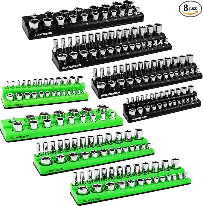 8PCS Magnetic Socket Organizer Set, Magnetic Socket Holder, 1/2" Metric & SAE by GURADESIGN