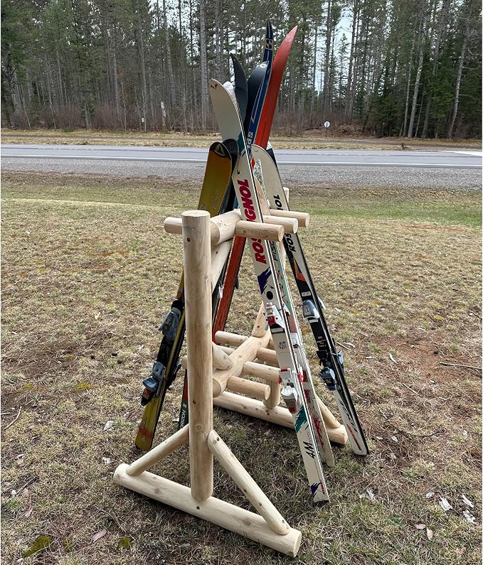 8-Place Freestanding Log Ski Rack Holder, Indoor & Outdoor Snowboard Racks - Image 3