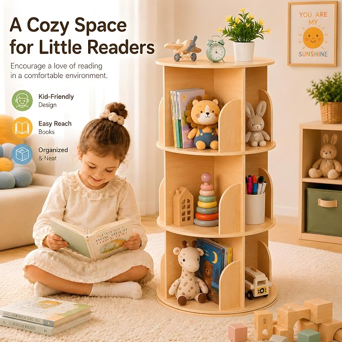 Kids Rotating Bookshelf, 360° Display 3 Tier Bookcase Storage | Small Corner - Image 3