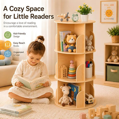 Kids Rotating Bookshelf, 360° Display 3 Tier Bookcase Storage | Small Corner - Image 3