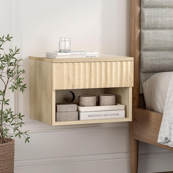 Floating Nightstand with Drawer and Open Shelf, Small Wall Mounted Bedside End by MoomJiee
