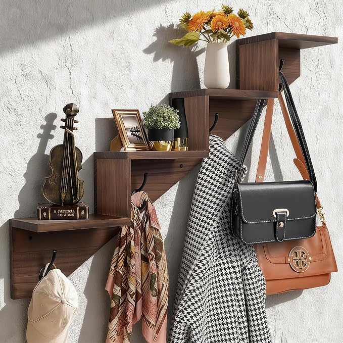 Coat Rack Wall Mount with Shelf, Wall Mounted Rise Wooden shelves - Image 2
