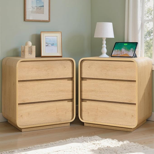 Natural Curved Nightstand Set of 2, 23.2" Large Wood Bedside Table by StandifurnoFurniture