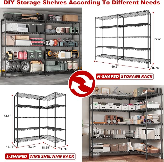 REIBII 70" W Storage Shelves Heavy Duty Load 1600LBS, Metal Shelving 5-Tier - Image 6