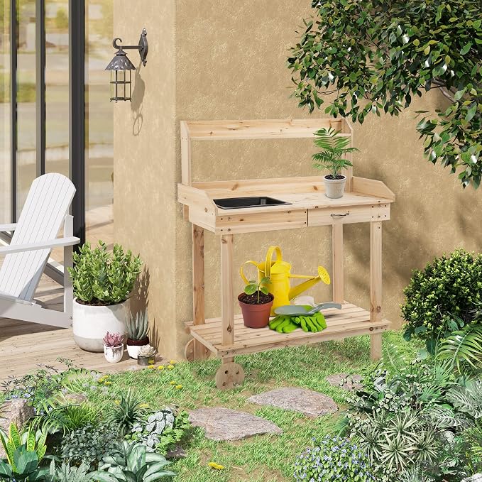 Potting Bench Table, 36 in Wooden Garden Work Table - Image 4