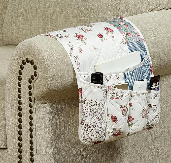 Brilliant Sunshine Pink Rose Patchwork Couch Armrest 5 Pockets Organizer - Image 2