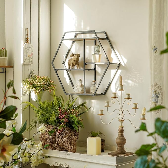 4 Tier Industrial Style Foldable Hexagon-Shaped Wall Shelves | 21" x 24" - Image 4