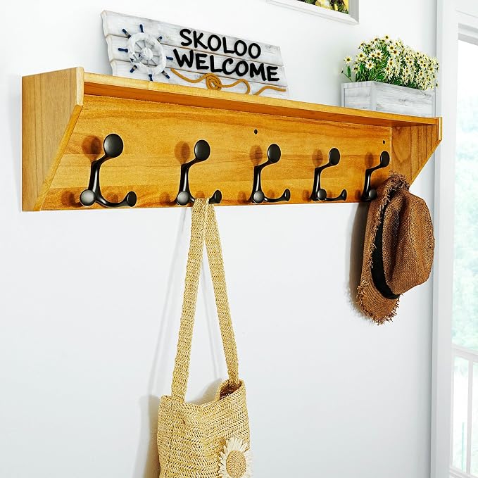SKOLOO Wall Shelf with Hooks, 35-Inch Brown Coat Rack Wall Mount with Shelf - Image 4
