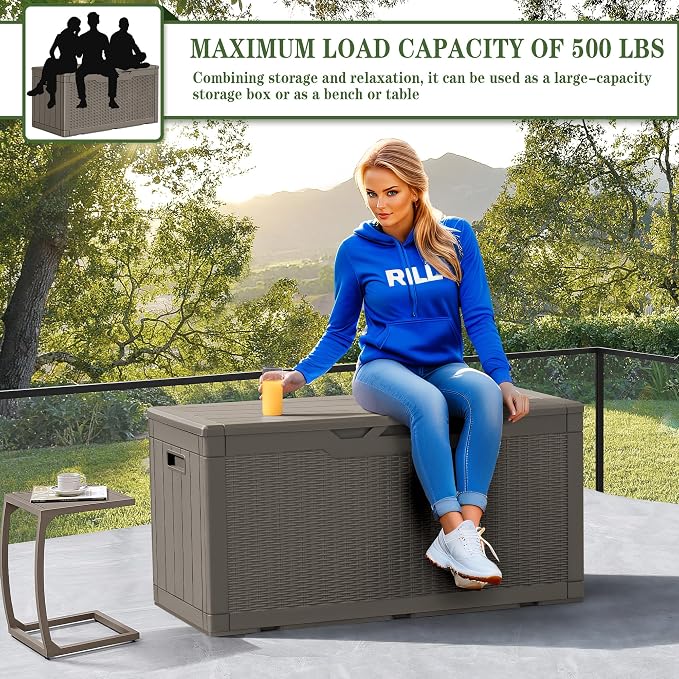 Greesum 100 Gallon Resin Deck Box Large Outdoor Storage, Imitation Rattan Weave - Image 4