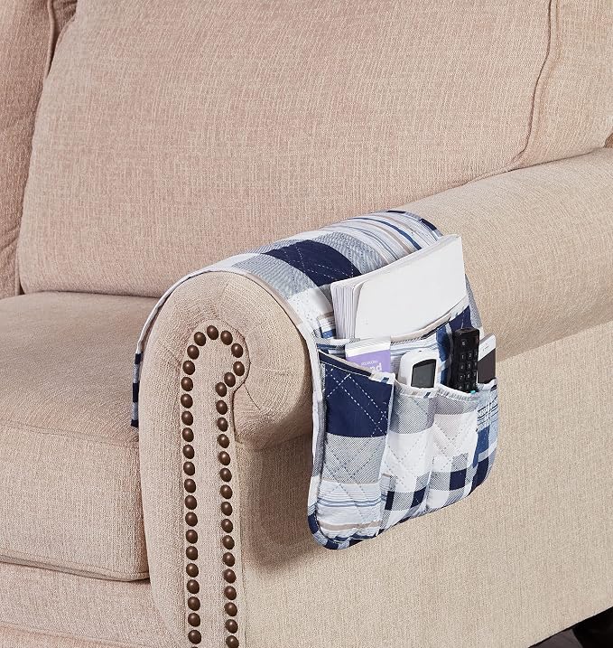 Brilliant Sunshine Multi Blue Plaids and Stripes Patchwork Sofa Armrest 5 - Image 8