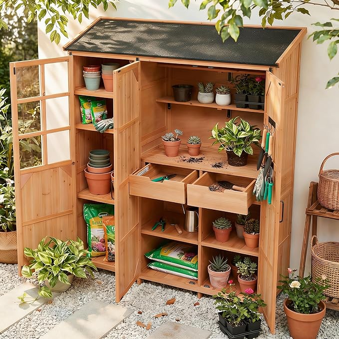 Merax Potting Bench with Waterproof Roof, Patio Garden Shed with 3 Doors by Merax
