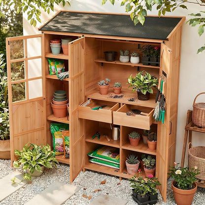 Merax Potting Bench with Waterproof Roof, Patio Garden Shed with 3 Doors by Merax