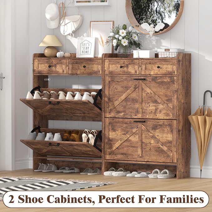 Thacuok Shoe Cabinet with 2 Flip Drawers & 2 Storage Drawers, Rustic Farmhouse - Image 9