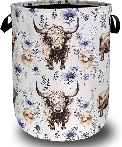 Watercolor Highland Cow Laundry Hamper by SELIONLIKN