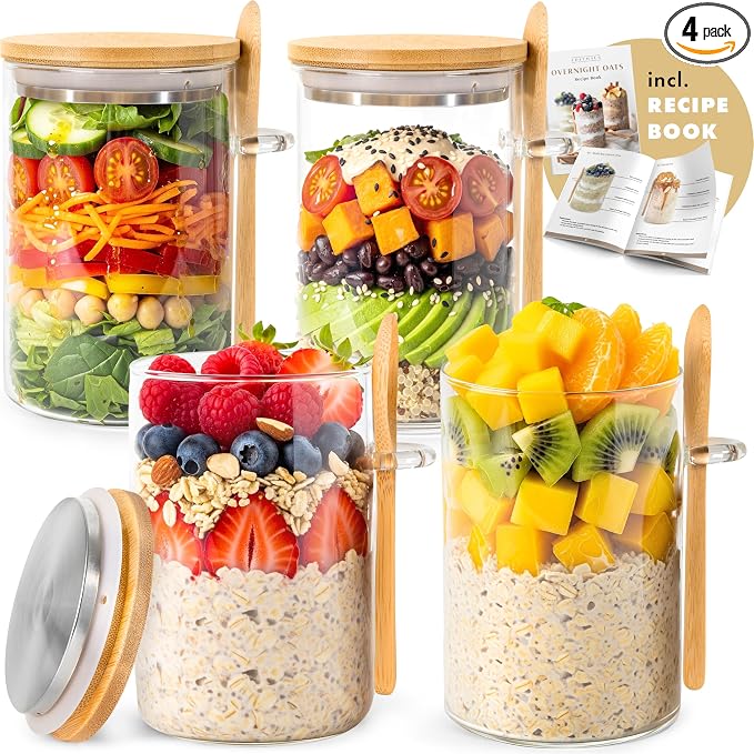 Overnight Oats Containers with Lids, Labels & Spoons Glass Jars by EDELHAUS