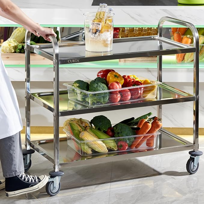 CURTA Stainless Steel Serving Trolley, Rolling Casters Brake Wheel, Commercial - Image 3