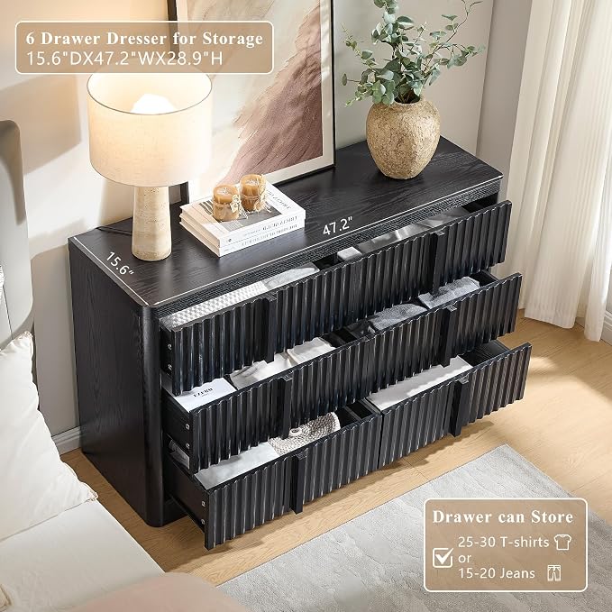 Black Fluted Dresser for Bedroom, Modern TV Stand Set, Curved Profile Design - Image 3