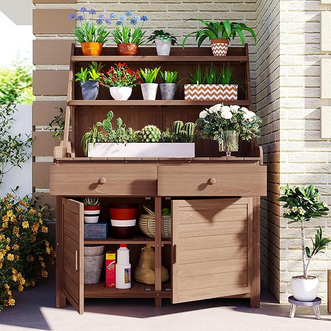 Merax Potting Bench Table with Cabinet and Open Shelves, Garden Potting Bench - Image 3