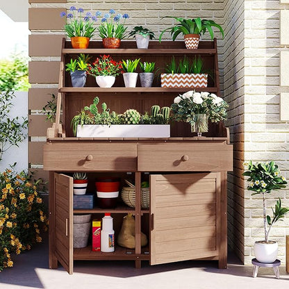 Merax Potting Bench Table with Cabinet and Open Shelves, Garden Potting Bench - Image 3