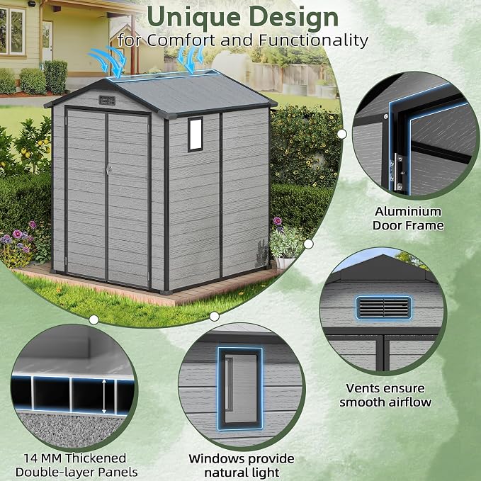 6 x 6 FT Resin Shed with Floor & Skylight, Weather & UV Resistant Sheds | - Image 6