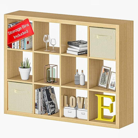 furtble Bookshelf with Storage Bins, 12-Cube Storage Organizer, Modern Wood by furtble