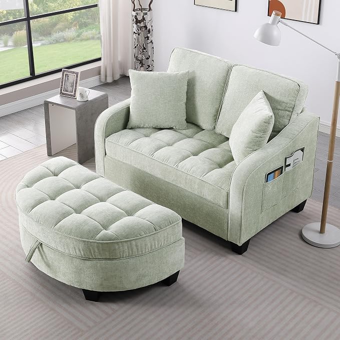 ERYE Chenille Tufted Loveseat Sofa and Ottoman Set, Tufted Recliner Sleeper - Image 9
