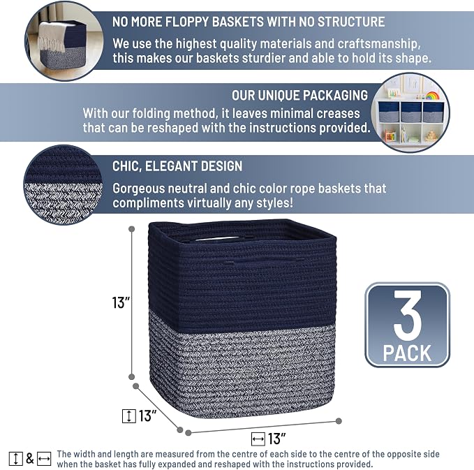 NaturalCozy 13 Inch Cube Storage Bins Cotton Rope Woven Baskets - Image 2