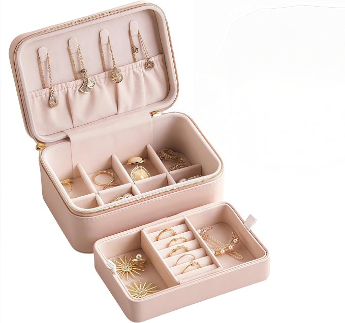 small travel jewelry case, Double Layer Travel Jewelry Box Organizer, Leather - Image 7